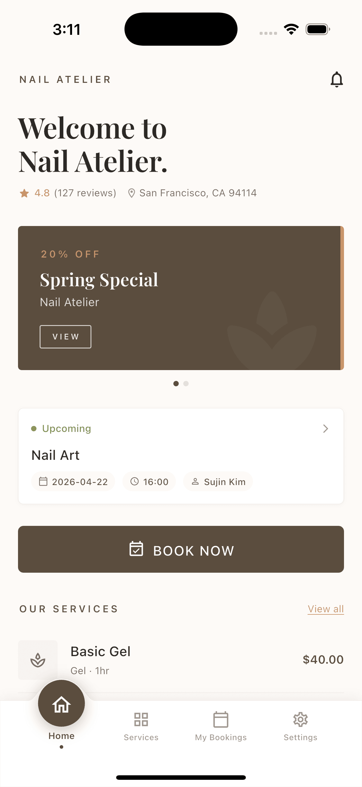 Nail Atelier home screen with Spring Special card and upcoming booking