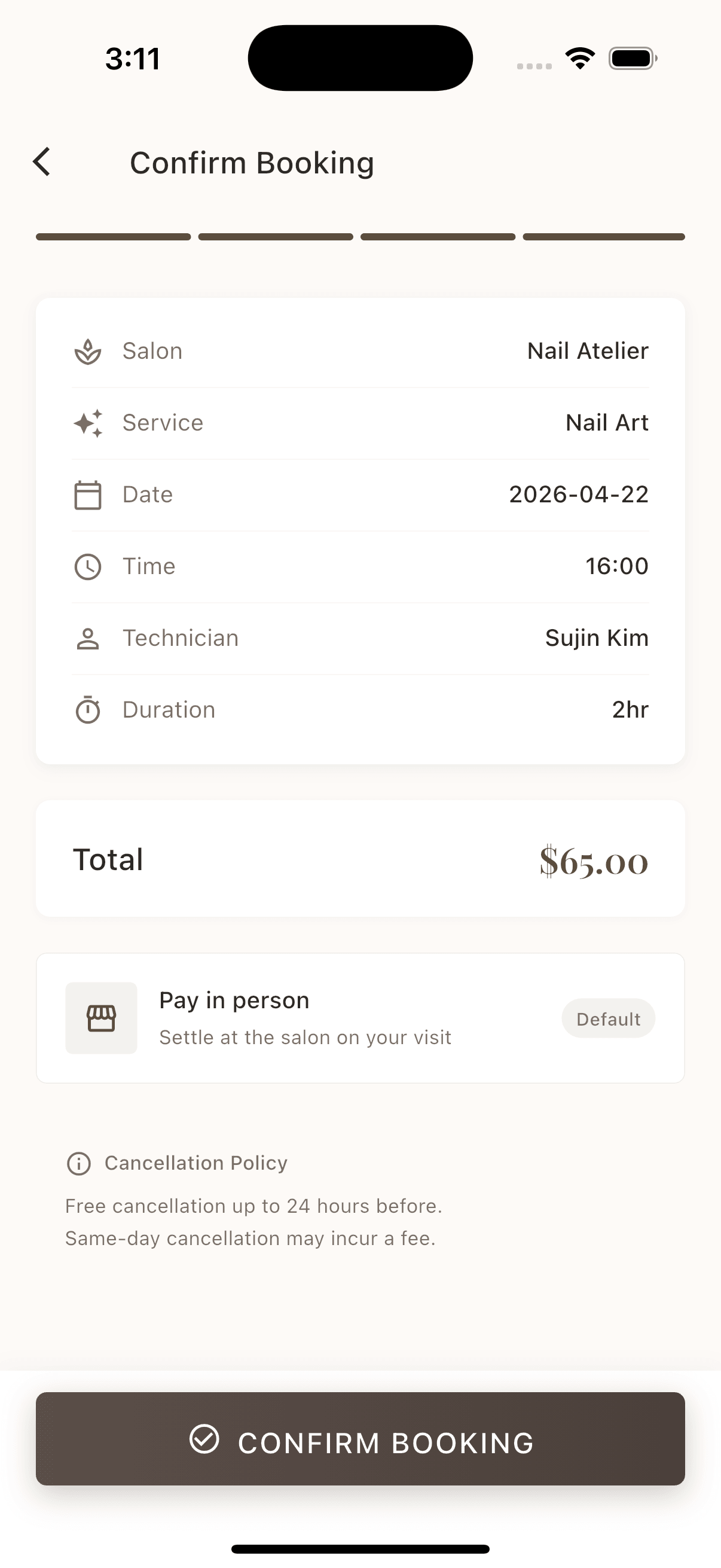 Nail Atelier booking summary and confirmation